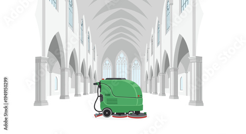 A single green industrial floor cleaning machine is prominently centered within the bright, minimalist interior of a modern cathedral featuring arched windows.