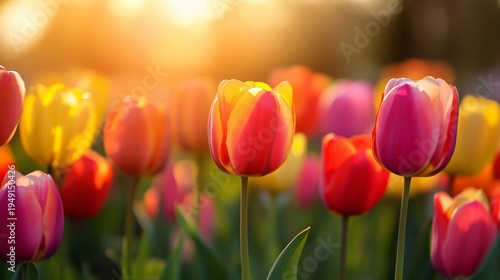 Colorful Tulips Bloom in the Garden During Sunrise in Spring