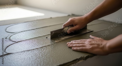 Skilled hands expertly smooth fresh concrete with a trowel, creating a flawless surface for flooring