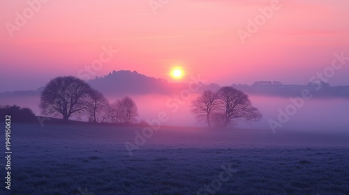 Ethereal Sunrise: Pink Hues and Misty Landscape with Bare Trees Silhouette