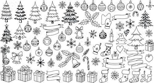 Black and white christmas icons and objects isolated on transparent background