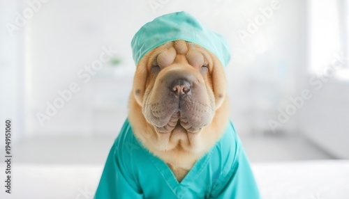 Adorable Shar Pei Dog in Teal Surgical Scrubs - Funny Vet Pet Doctor