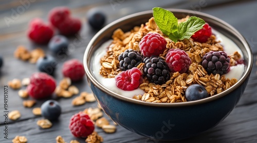 Bowl of Yogurt Topped With Berries and Granola Served on a Dark Surface
