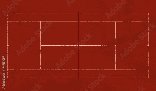 Top view of clay tennis court with white boundary lines on red textured surface