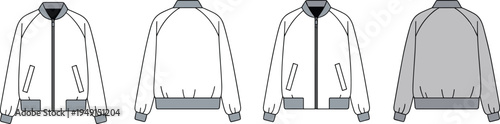 Front and back views of two bomber jackets one white and one light gray with contrasting collar and cuffs