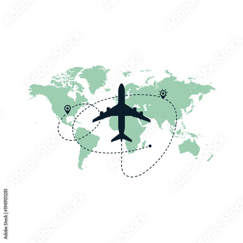 Airplane flying over world map with travel routes and pin locations.