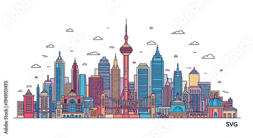 Colorful City Skyline with Skyscrapers.