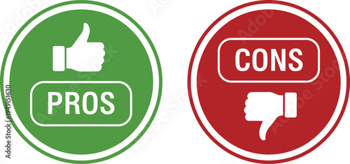 Pros and cons comparison badges with thumbs up and thumbs down flat vector icons for decision analysis concept
