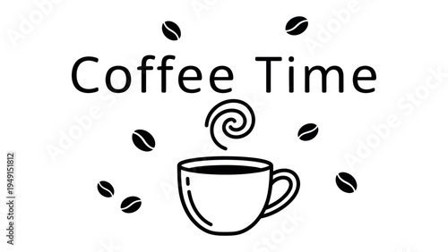 Coffee Time: A simple illustration of a coffee cup with steam and scattered coffee beans, accompanied by the words Coffee Time, ideal for promoting a cafe or a coffee break.