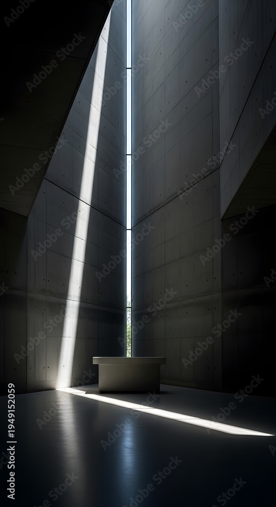 Obraz premium Minimalist concrete chapel interior with dramatic light beam