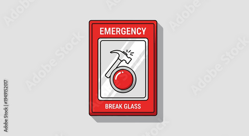 Red emergency break glass alarm panel with hammer icon, for safety and security, isolated on a light gray background.