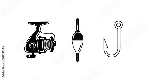 Fishing Equipment Icons Reel, Bobber, and Hook