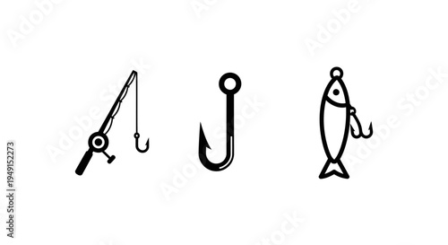 Fishing equipment icons rod, hook and lure