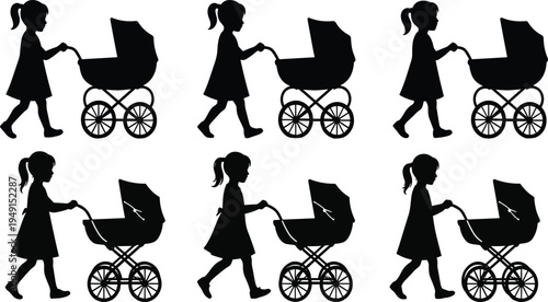 Black silhouettes of a young girl pushing a vintage baby carriage for childhood play family care and parenting themed vector graphic designs