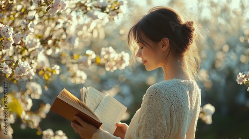 Girl Reading a Book Near Blooming Flowers During Springtime in a Garden