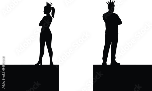 Silhouette of a crowned woman and man standing on dark platforms, symbolizing royalty, power, and leadership in a stark black and white contrast