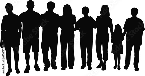 Silhouette of a diverse group of nine people of varying ages and genders standing together in a line, full body view