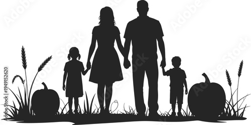 Silhouette of a family holding hands with pumpkins and tall grass in an autumn setting parents children