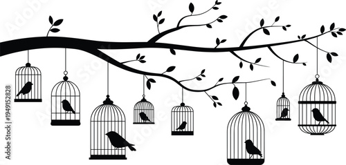Silhouette of a tree branch with multiple bird cages hanging and birds inside each cage, set against a white background