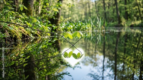 Heart of Nature. Fresh young leaves on a branch touching water surface(in the horizontal composition) and forming together with reflection a heart symbol. Conceptual image of nature and environment.