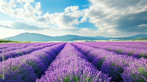 Bright Lavender Field Stretches Under a Blue Sky With Clouds in the Distance ...