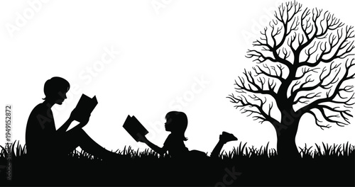 Silhouette of two people reading books under a large bare tree on a grassy field promoting education and learning