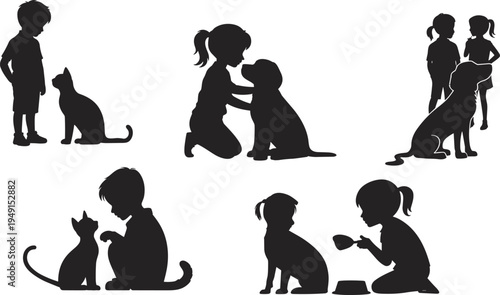 Silhouette of children interacting with pets, cats and dogs kids animals