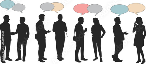 Silhouettes of diverse people in conversation, with colorful speech bubbles indicating dialogue and communication in various settings