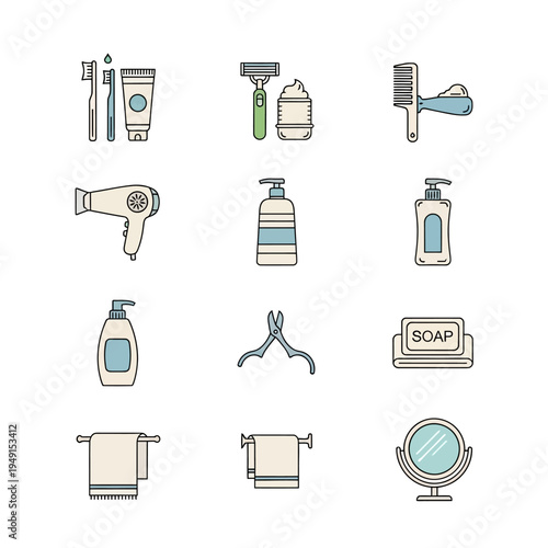 Toiletries and bathroom essentials icons.