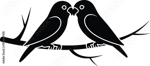 Stylized black silhouette of two lovebirds perched on a branch, facing each other romance