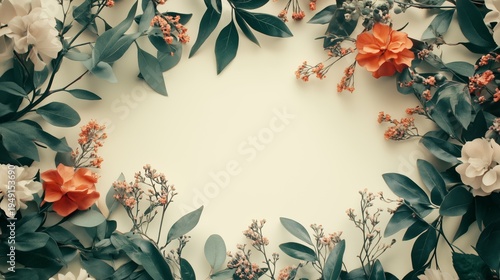 Flowers and Leaves Arranged in a Circular Form on a Light Surface for Decorat...