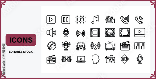 Collection of various media and communication icons on white background with red border  editable stock