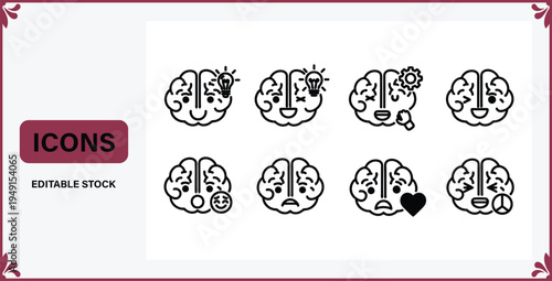 Editable stock icons of brain with different emotions and thoughts  various expressions and symbols on white background