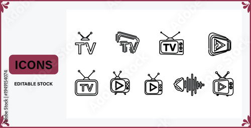 Collection of various television and video icons in black line art on white background with decorative border