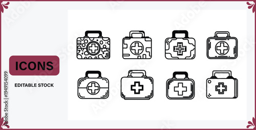 Medical first aid kit icons in various styles and designs for healthcare and emergency services  medical symbols