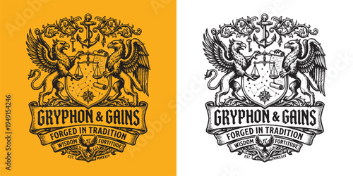 Gryphon and Gains Crest with Gryphon Supporters and Anchor
