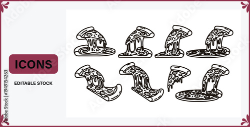 Set of pizza slice sin different positions with melted cheese line drawings