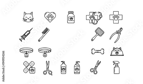 Animal love and veterinary equipment outline icon pack with pet grooming care symbols vector