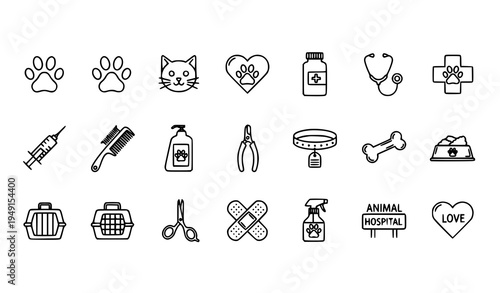 Veterinary and pet grooming outline icons collection with dog cat care health symbols vector set