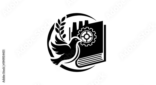 Black and white dove holding book.