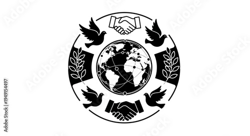 Black and white earth handshake logo.