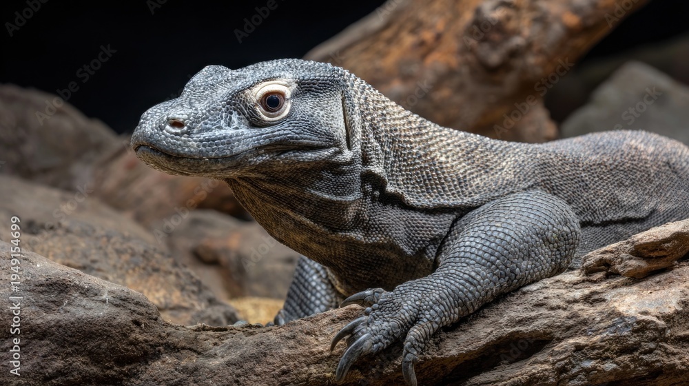 Fototapeta premium Komodo Dragon Portrait: Scaled Skin, Intense Gaze, Reptilian Majesty