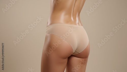 Elegant Female Body Showcasing Smooth, Hydrated Skin on the Back and Firm Buttocks, Dressed in Simple Light Beige Underwear in a Bright Studio