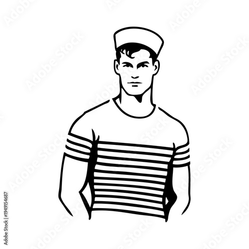 Dibujo con líneas de un hombre, con sombrero de marinero y camiseta de manga corta con rayas, de pie