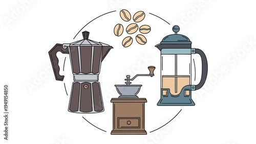 Coffee Brewing Essentials: Artistic illustration of coffee brewing essentials. Coffee making tools and ingredients, depicting a classic coffee culture. 