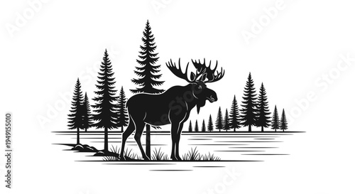 Silhouette of a moose standing in a forest clearing with pine trees in the background.
