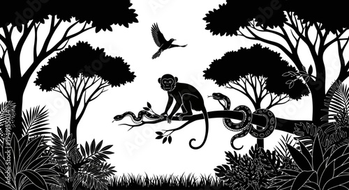 Silhouette of monkeys swinging on tree branches in a dense jungle environment with birds flying.