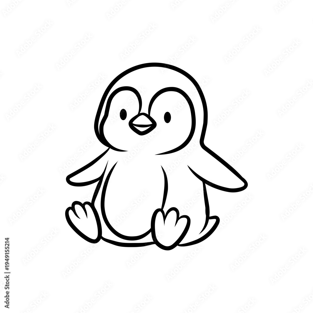 Obraz premium Adorable Penguin Character Sitting Down Vector Line Art