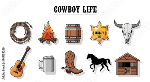 Cowboy life icons rope campfire barrel badge skull guitar mug boot horse stable
