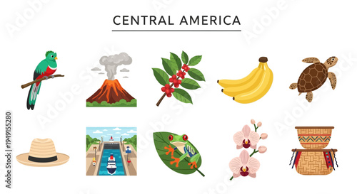 Central America icons featuring wildlife agriculture geography and crafts